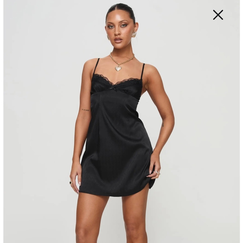 Princess Polly Black Satin Mini Slip Dress with Lace Trim Sexy Party Cocktail‎